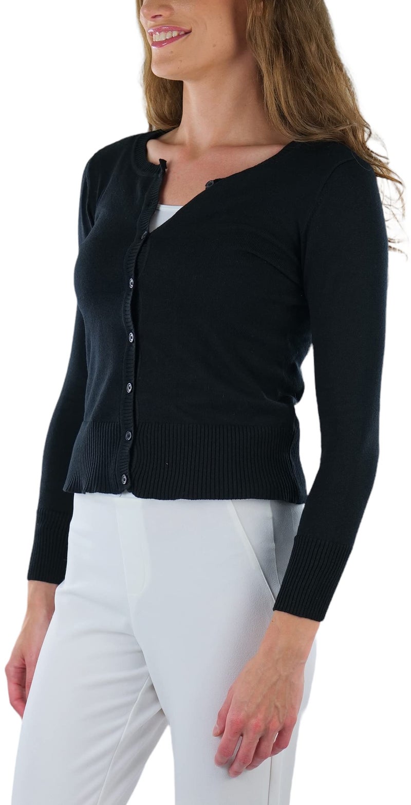 ToBeInStyle Women's L.S. Button Up Ribbed Crew Neck Cardigan - Black - Small - Image 2